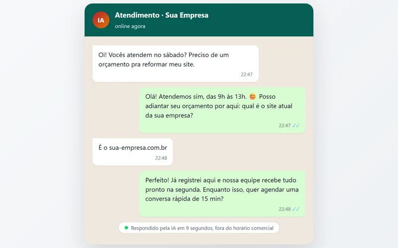 Conversa de WhatsApp respondida por agente de IA fora do horário comercial