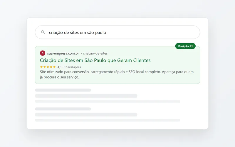 Página de busca com resultado em primeira posição destacado
